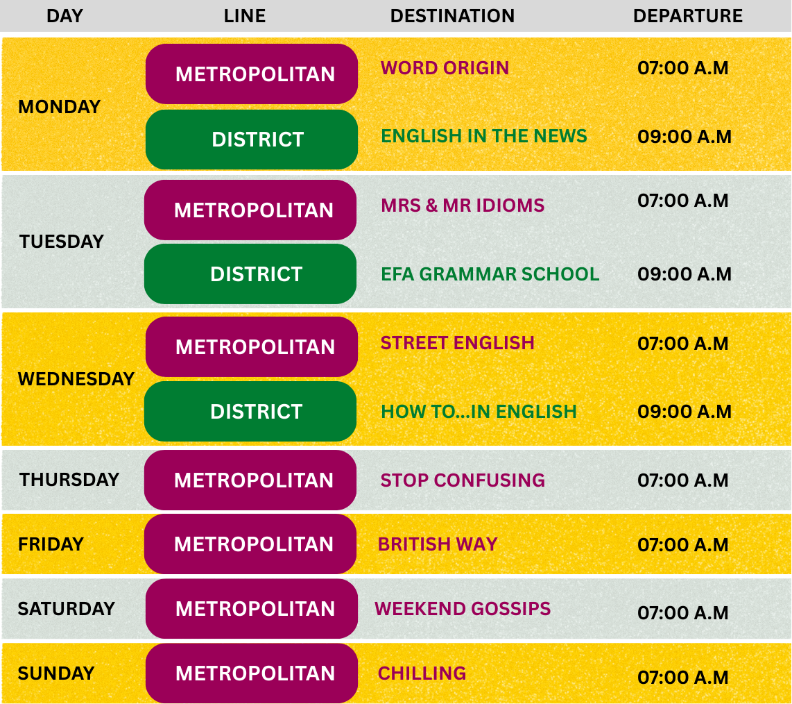 EFA Tube Station Timetable www.english4all.vn